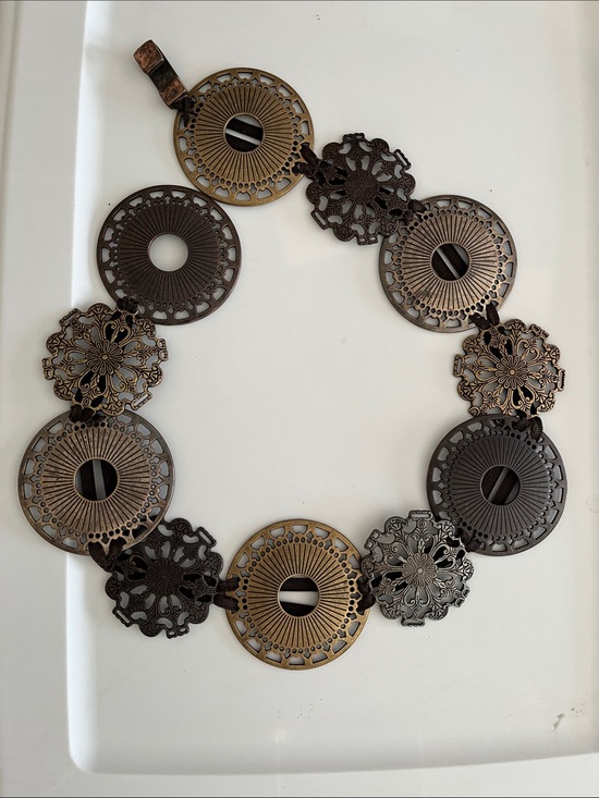 Sandy Duftler Accessories - Sandy Duftler VTG round metal concho designer belt gold brass tone medallion 34”